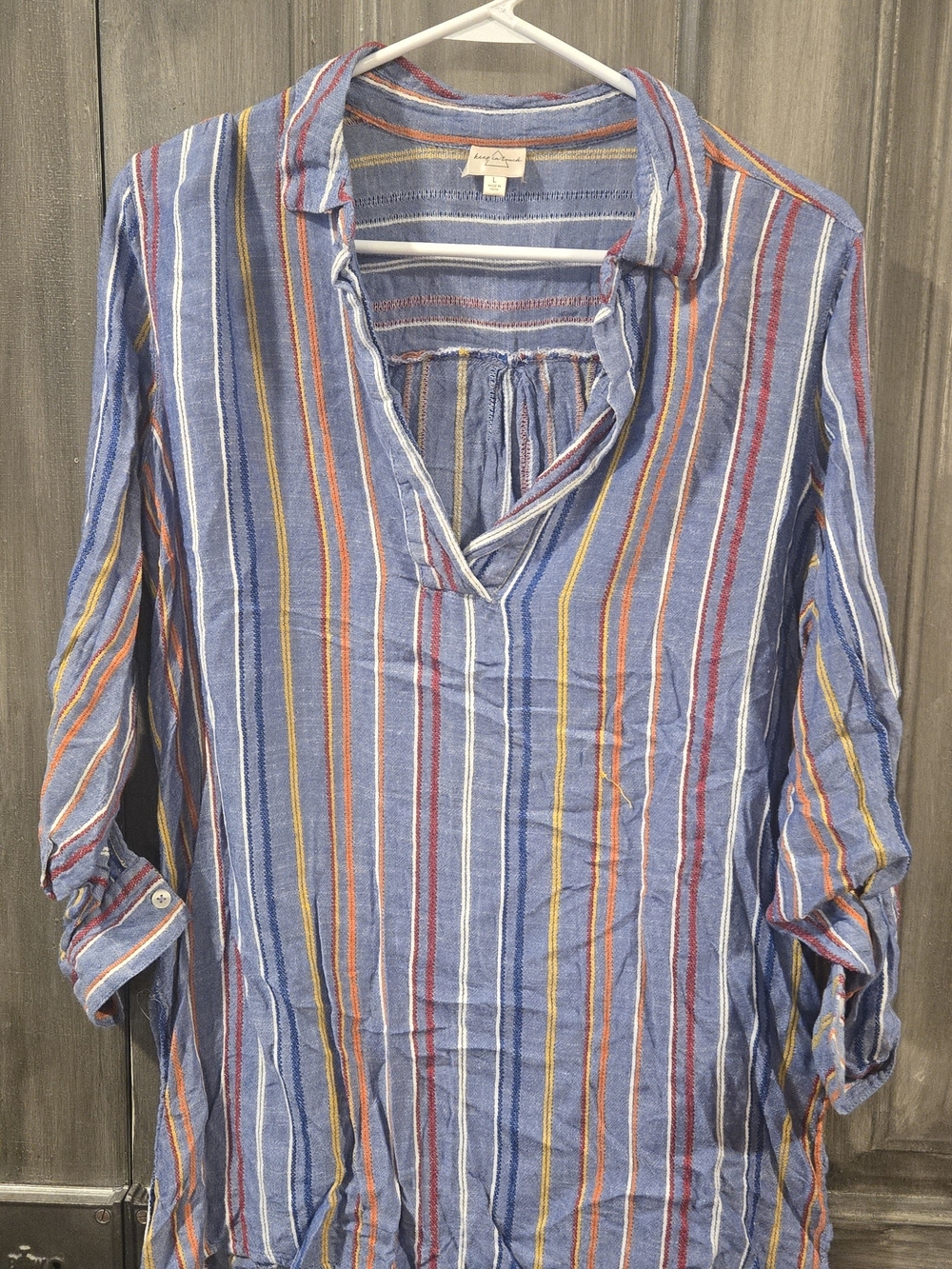 Lucky Brand Blue Multicolor Striped V-Neck Tunic Top